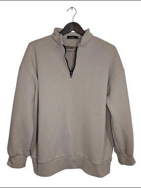 Trendy Queen Taupe Beige Quarter-Zip Sweatshirt Women's LG Drop Shoulder Relaxed